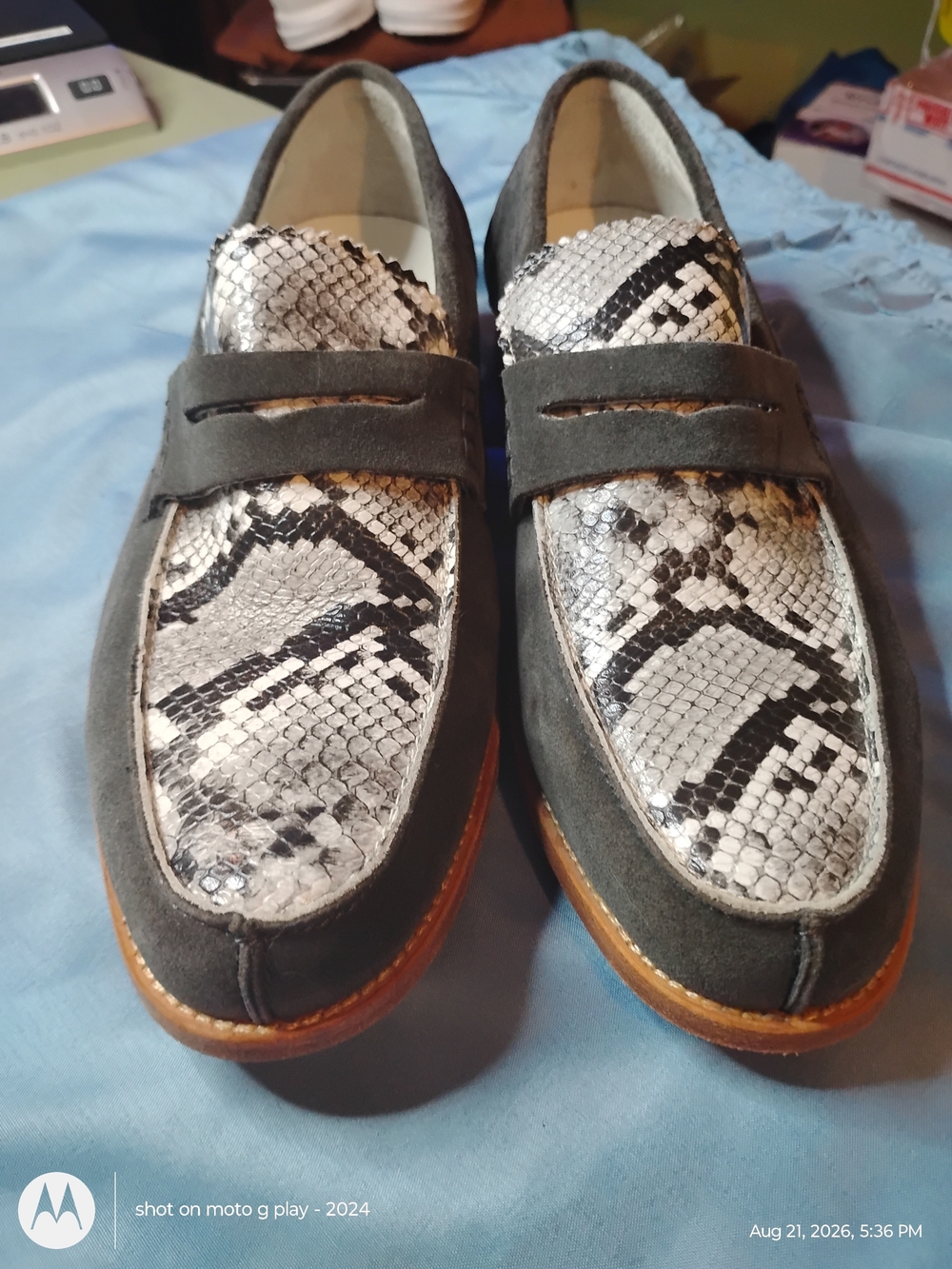 Men's Grey Suede Loafers with Silver Snake-Print Panel